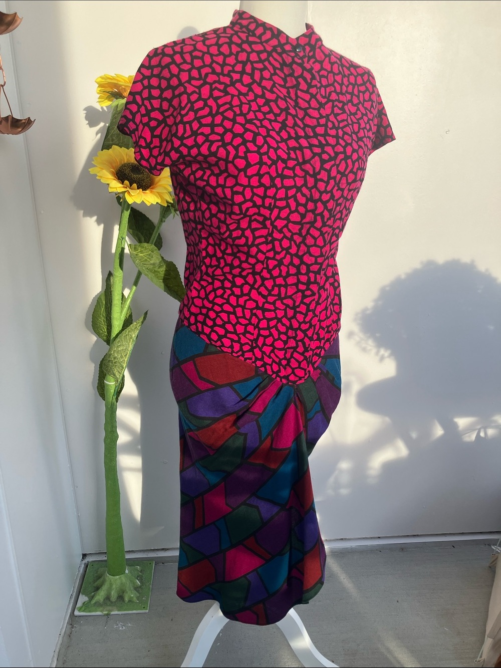 Vintage 80s Statement Drop Waist Hot Pink Mixed Print Midi Sheath Dress